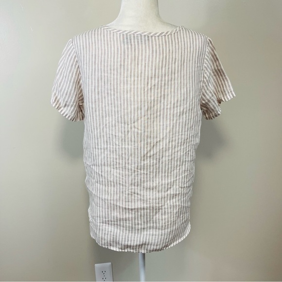 TAHARI 100% Linen Tan & White Striped Short Sleeve pocket Top - SMALL - Picture 7 of 7